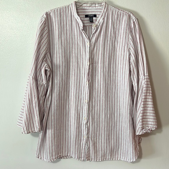 Chaps Tops - 3/$20 Chaps Womens Red Striped  White Cotton/ Linen  Botton Down Top Bell Sleeve